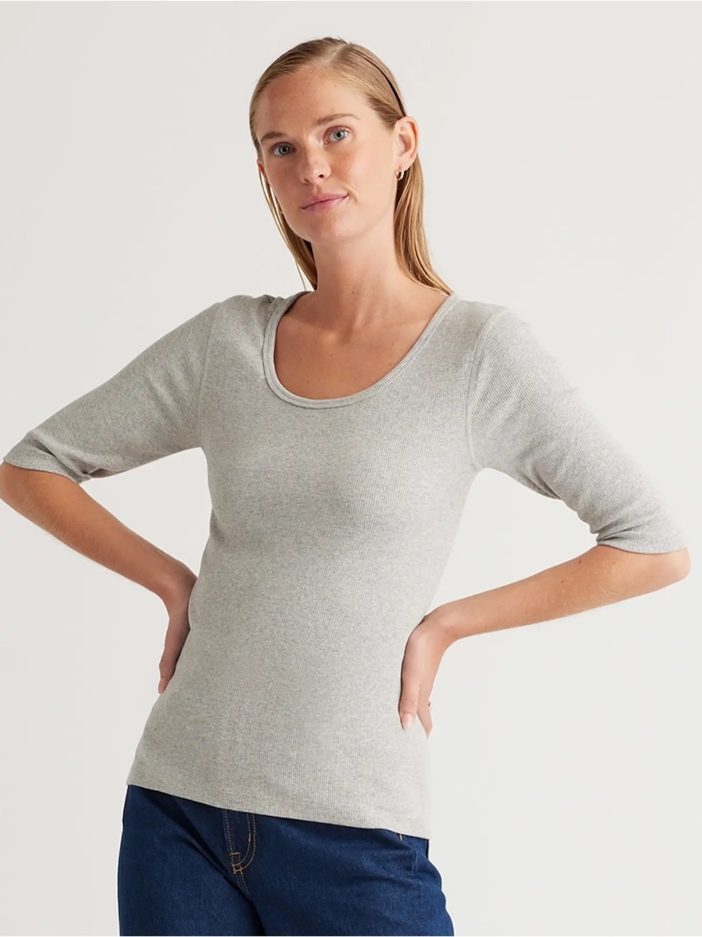 Quince Women’s Organic Cotton Micro Rib Elbow Tee Shirt Grey Size XL